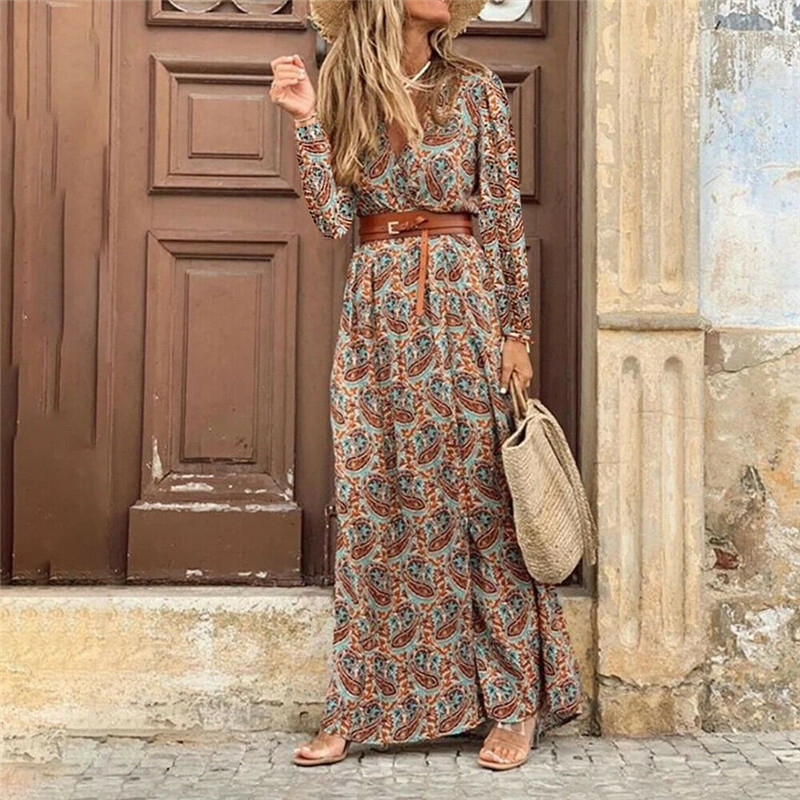 Women Boho Long Dress Retro Long Sleeve V Neck Beach Vintage Paisley Print Maxi Dress Ladies Elegant Belted Split Dress Robe