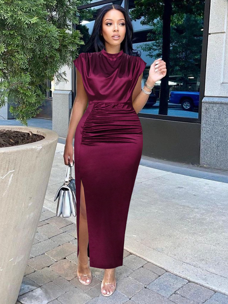 Women Dress Pleated Long Wine Red Elegant Slit High Collar Slim Fit Sleeveless Maxi Robes Female Shiny Gowns Party 2022 Spring